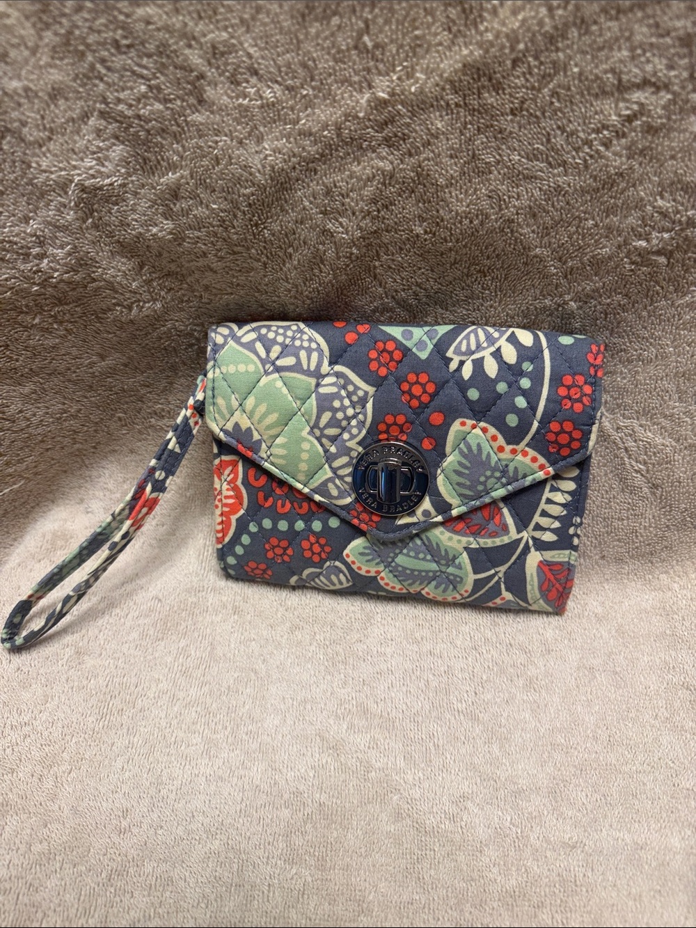 Vera Bradley Quilted Floral Wristlet in Navy, Green & Red